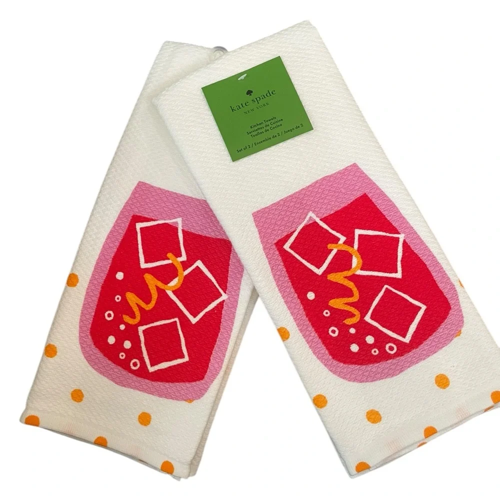 KATE SPADE Set of Two 100% Cotton Kitchen Towels Pink Cocktail with Ice Cubes